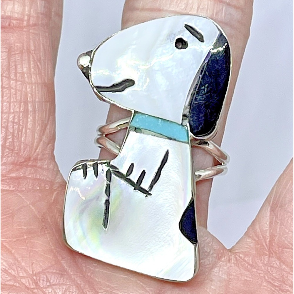 BIG Zuni Snoopy Ring Turquoise Collar‎ Sz 7 Inlay Silver Signed Comosona Peanuts